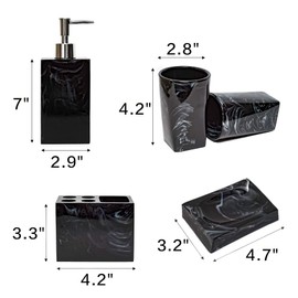 5-Piece Bathroom Counter Top Accessory Set - Dispenser for Liquid Soap or Lotion, Soap Dish, Toothbrush Holder and 2 Tumblers, Marble Pattern Resin (Ink Black)