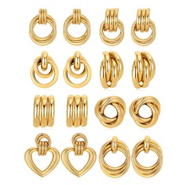 Ofeiyaa 8 Pairs Gold Knot Earrings for Women Chunky Statement Heart Geometric Drop Dangle Hoop Earrings Lightweight Long Link Earring Studs Jewelry Gifts