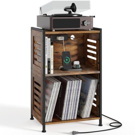 Y&M Record Player Stand, Vinyl Turntable Stand with Charging Station and USB Port, Record Display Table with Storage Cabinet, Turntable Holder, End Table, Nightstand for Bedroom, Living Room, Brown