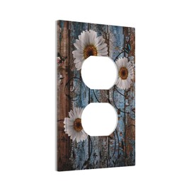 Rustic Country White Daisy Floral Flowers Butterfly on Brown Wood Wooden Plank 1 Gang Duplex Receptacle Wall Plate Jumbo Electrical Outlet Decorative Decorator Light Switch Faceplate Plug Socket Cover