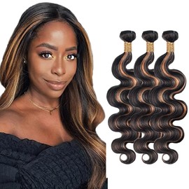 P1B30 Bundle Highlight Brown Body Wave Human Hair Bundles Two Tone Black Mixed With Light Brown Hair Weave 3 Bundles 12 14 16 Inch Ombre Body Wave Bundle