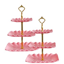 2 Pack of 3 Tier Cupcake Stand, Plastic Tiered Serving Stand, Square Dessert Tray for Tea Party, Baby Shower and Wedding (Pink)