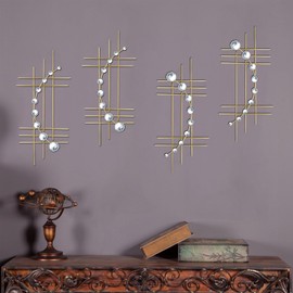 ZEXUIRU 4 Set Bling Metal Wall Art Jeweled crystal Hang wall Decor Rhinestone Diamond Iron Abstract Wall Sculpture 16.7 * 7inch Gold