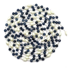 Iolite Jade with Glass Pearl 36 Inch 92.5 Sterling Silver Plated 4 mm - 4 x 6 mm Rondelle Drum Faceted Smooth Beads Necklace Chains Bulk for DIY Necklace Bracelet Choker Jewellery Making 3 Feet