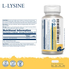 L-Lysine 1000mg - 60 Vegan Capsules not Powder - Double Strength l Lysine - Amino Acid Supplement - Non GMO & Lab Verified - Solaray