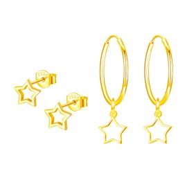 Hinvan Set of 2 Pairs Gold Stud Earrings Stars Gold for Women Girls Children Men 925 Silver Hoop Earrings Gold Earrings Star Hanging Small Stud Earrings Star Gold 18 K Gold-Plated, small, Sterling