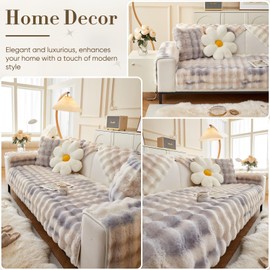 WEYOND Faux Fur Couch Cover Pet Friendly, Rabbit Plush Sofa Cover, Anti Slip Sofa Slipcover for Armchair, Loveseat, 3-Cushion Couch, Sectional Sofa, Armrest & Backrest (1PC 35.5" X 71" Beige)