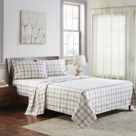 Superior Plaid Flannel Cotton Sheet Set, Fuzzy Warm Sheets, Rustic Classic Farmhouse Bedding, Basics, Includes; 1 Flat Sheet, 1 Elastic Deep Pocket Fitted Sheet, 2 Pillowcases, California King, Beige