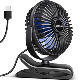 BESKAR USB Clip on Fan, Portable Small Fan with Cord Powered, 3 Speeds Strong Airflow, with Sturdy Clamp, Quiet Personal Desk Fan