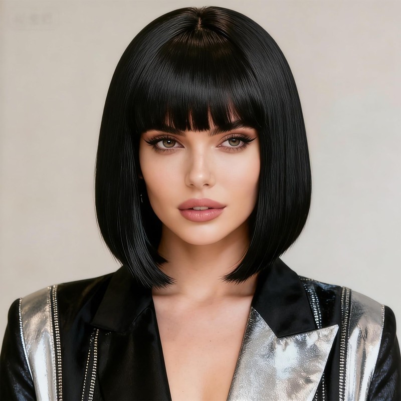 Amaattee Black Bob Wig with Bangs 12 Inch Short Straight