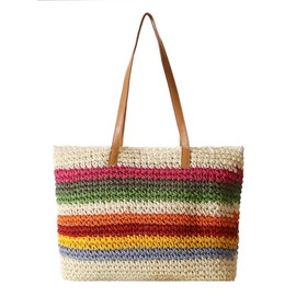 Rainbow Straw Bag for Women Contrast Striped Straw Shoulder Bag Beach Tote Bag Summer Straw Hobo Handbag 2024 Straw Purse