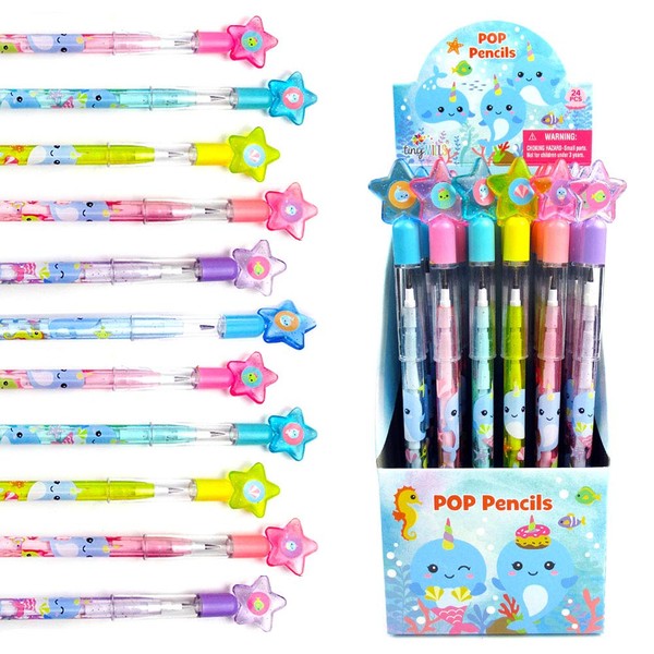 TINYMILLS 24 Pcs Narwhal Multi Point Pencils Stackable Stacking Push Pencils Assortment with Eraser for Girl Birthday Party Favor Goodie Bag Stuffers Carnival Prizes Classroom Rewards