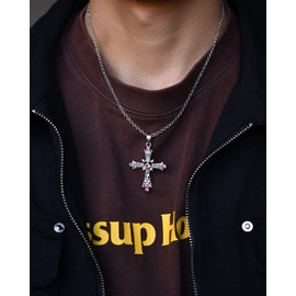 Abitoncc Y2k Gothic Cross Necklace for Women Men Jewelry, Pink Crystal Cross Pendant Punk Thorns Metal Necklace
