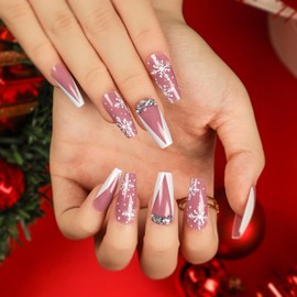 Christmas Press on Nails Coffin Long Length, 24Pcs French Artificial Fake Nails with Snowflake Rhinestone Designs, Glossy Full Cover Acrylic Square False Nails Glue Stick on Fingernails for Women