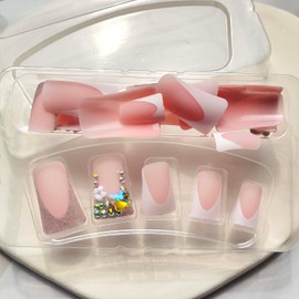 Long Press on Nails, Duck Shpae Fake Nails, Fashion Rhinestone Flower Full Cover Designs False Nails, Matte with White French Tip Acrylic Nails, Artificial Long Diamond Glue on Nails for Women