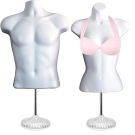 White Male + Female Hollow Back Mannequin Torso Set w/ Acrylic Stand with Metal Pole, S-M Sizes (1)