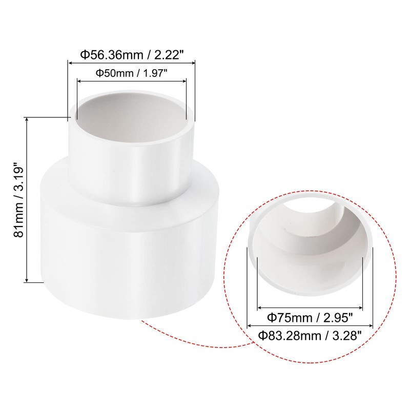 PATIKIL PVC Reducer Pipe Fitting 75mm to 50mm ID, Straight