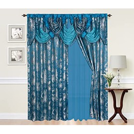 GLORY RUGS Jacquard Luxury Window 2 Panel Set Turquoise Curtain with Attached Valance and Backing Bedroom Living Room Dining 2 Curtains 55x84 inches Each Jana