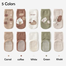 Exegawe Baby Non Slip Socks Winter - 5 Pairs Toddler Kids Thick Warm Crew Socks with Grips for Girls Boys Non Skid Socks(D1-5 Colors,M/1-3 Years)