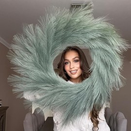 VOULUX Fluffy Artificial Large Faux Pampas Grass Wreath 27" Khaki Green Modern Feather Boho Wreath Indoor Wreaths Farmhouse Wreath Wall Decor Baby Sea Grass Spring Wheat Wreath Khaki Wreath Front Door