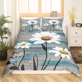 Daisy Bedding Set for Kids Boys Girls Botanical Floral Printed Comforter Cover Set Twin Size Natural Theme Duvet Cover Bedroom Decor Wood Grain Blue White Bedspread Cover Bedding Collection 2Pcs