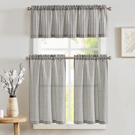 jinchan Striped Kitchen Curtains and Valance Set 24 Inch Tier Curtains Ticking Stripe Linen Small Drapes Pinstripe for Cafe Living Room Bathroom Farmhouse 3 Pieces Set Rod Pocket Black
