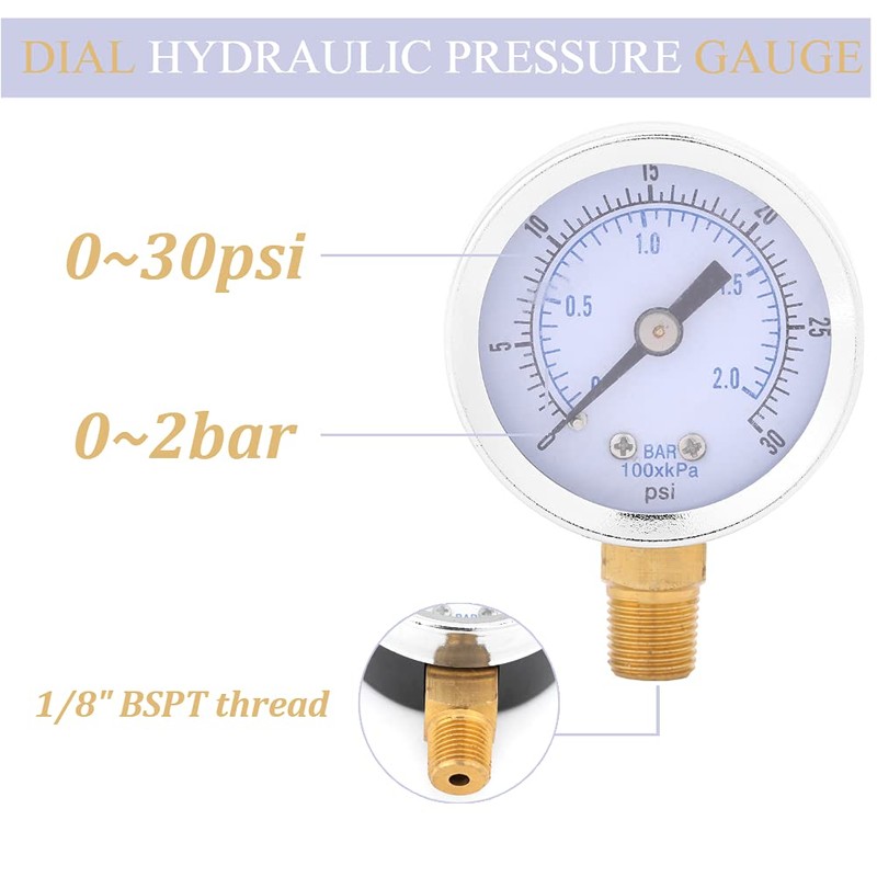 Low Pressure Gauge, 0-30psi 0-2bar Mini Dial Hydraulic Pressure Gauge,