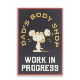 Peanuts Snoopy Dad's Body Shop Work in Progress Metal Sign - Funny Snoopy Wall Decor for Garage or Fitness Room