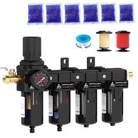 ATINY 3/8'' NPT 4 Stage Air Drying System,5μ Brass Filter&0.01μ Coalescing Filter,Double Desiccant Dryers & Air Regulator,Metal Bowl,Semi-Auto Drain,for Paint Spray＆ Plasma Cutter(Black)