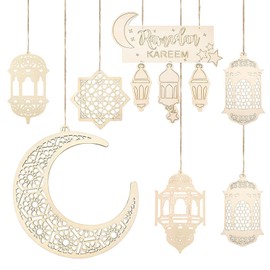 Wooden Pendant Ornament, Eid Hanging Sign, Decorative Sugar Festival for Hanging, Eid DIY Decorations with Moon Star Pendant Light Wind Shape Crescent Moon Ornament for Muslim Islam Eid Al-Fitr