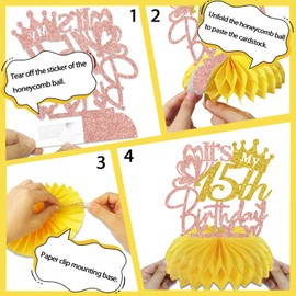 8 Pcs Happy 15th Birthday Party Honeycomb Centerpiece,Princess Themed 15th Birthday Party Decorations for Girls,Cheers to 15 Years Birthday Anniversary Party Decoration Supplies Rose Gold