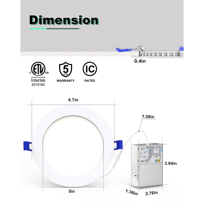 VOLISUN 12 Pack 6 Inch 5CCT Recessed Light with Night