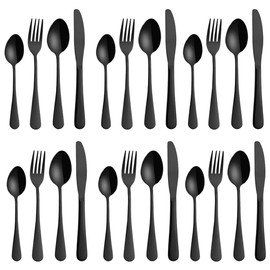LAIION 24 Pieces Black Silverware Set, Black Flatware Set, Food-Grade Stainless Steel Cutlery Set for 6, Tableware Eating Utensils, Mirror Finished, Dishwasher Safe