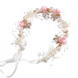 Bohemian Floral Pearl Headband, Handmade Pink Flower Crown with Pearls, Elegant White Headband for Flower Girl Hair Accessories or Wedding Party Dress-Up