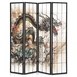 MoNiBloom 4-Panel Shoji Screen Room Divider, 5.9 ft Wood Dragon Pattern Room Dividers and Folding Privacy Screens, Asian Room Separators Divider Wall, Portable Home Dorm Office Wall Separator