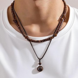 Drosemin Puka Shell Necklace for Men Summer Boho Surfer Brown Coconut Wood Seashell Beaded Necklaces for Beach Jewelry (Style 1)