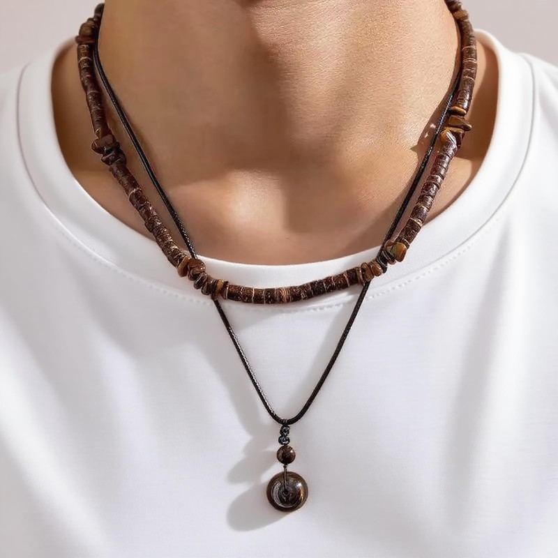 Drosemin Puka Shell Necklace for Men Summer Boho Surfer Brown