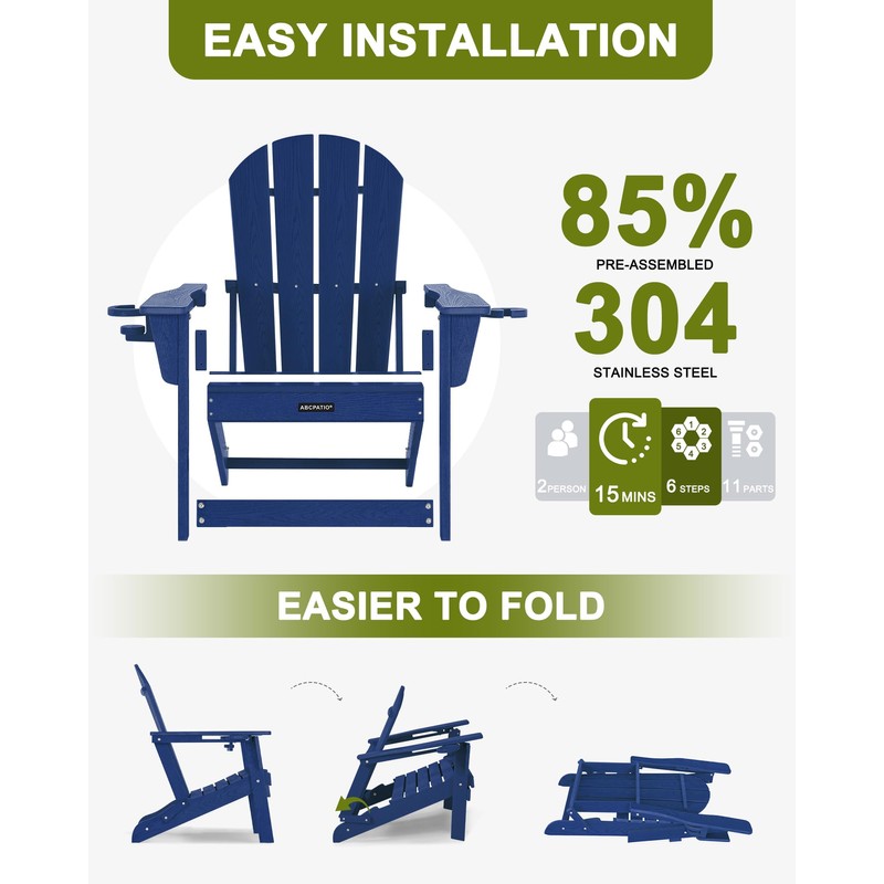 ABCPATIO Folding Adirondack Chair with Dual Cup Holders, All-Weather HDPE