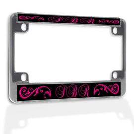 Fastasticdeals Metal Insert Bike License Plate Frame Letters with Pink Pattern Weatherproof Motorcycle Accessories Chrome 4 Holes Solid Insert