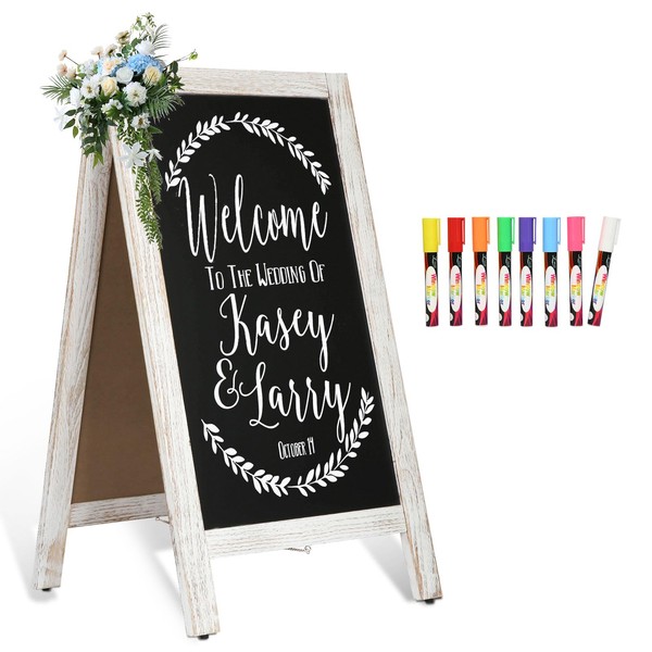 4 THOUGHT A-Frame Magnetic Sidewalk Chalkboard Sign 40" x 20", Sandwich Board Double-Sided Wooden Freestanding Outdoor Chalk Board Easel Advertising for Restaurant Cafe Wedding Party, Rustic White
