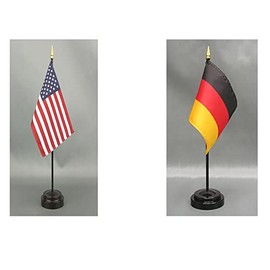 Germany Desk Flag Set American Made Rayon 4x6 inch Office Desk and Little Hand Waving Table Flags Includes an American and Country Flag with 2 Stands (Germany)