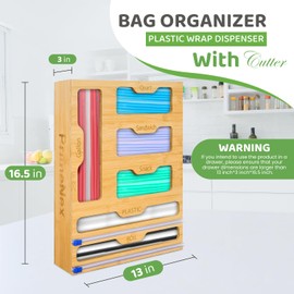 PrimeNex Ziplock Bag organizer, Ziplock Foil and Plastic Wrap Dispenser with Cutter, 6 in 1 Bamboo Kitchen Drawer Plastic Bag Food Baggie Organizer for Drawer Gallon, Quart, Sandwich, Snack (Natural)