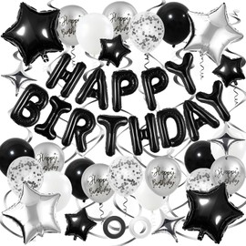 Decoraciones de cumpleaños negras y plateadas, pancarta de globos de feliz cumpleaños de aluminio 3D con globos de estrella, globo de confeti, remolinos colgantes, para niños, niñas, hombres y