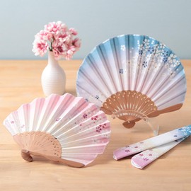 Osaka Chouseido Folding Fan, Women's, Stylish, Business, Folding Bag, Handkerchief Included, Cherry Blossom Blur, blue