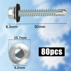 Pack of 80 Trapezoidal Sheet Metal Screws Self-Tapping Screws 6.3 x 50 mm Hexagonal Plumber Screws with Sealing Washer Galvanised Tapping Screws Drilling Screws Metal Roofing Screws (Silver)