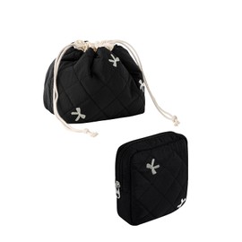 RSRSLEII 2Pcs Small Cotton Quilted Makeup Bag Set, Cute Coquette Drawstring Cosmetic Bag with Canvas Lining, Aesthetic Travel Organized Toiletry Bags for Purse (02Black Bows)