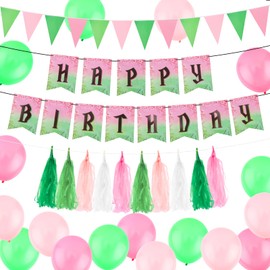 Hapdoo 21pcs Pink and Green Birthday Party Decoration Set - Happy Birthday Banner Triangle Flag Paper Tassel and Balloons, Witch Theme Party Accessories Pink and Green Decorations for Women Girls