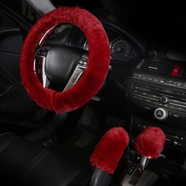 Car Steering Wheel Cover with Handbrake Cover & Gear Shift Cover Cxtiy Fashion Steering Wheel Wrap Fluffy Soft and Warm in Winter Diameter 14.96" X 14.96" 3 Pcs 1 Set Fit Most of Car (Wine)