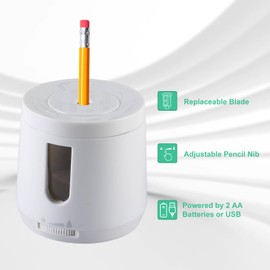 Bocyteopr Automatic Electric Pencil Sharpener, USB & Battery Operated, Adjustable Sharpening for Colored Pencils(6-8mm), for School/Classroom/Student(White)