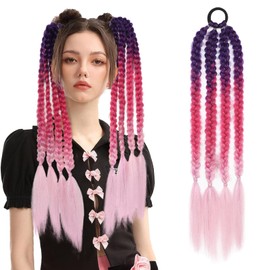 LONAI Colored Hair Extensions, 24” Colored Ponytail Extension for Women Girl Braided Ponytail Extension with Rubber Bands Lightweight Tinsel Colorful Synthetic Hairpieces（Dark Purple/Pink/Light Pink）